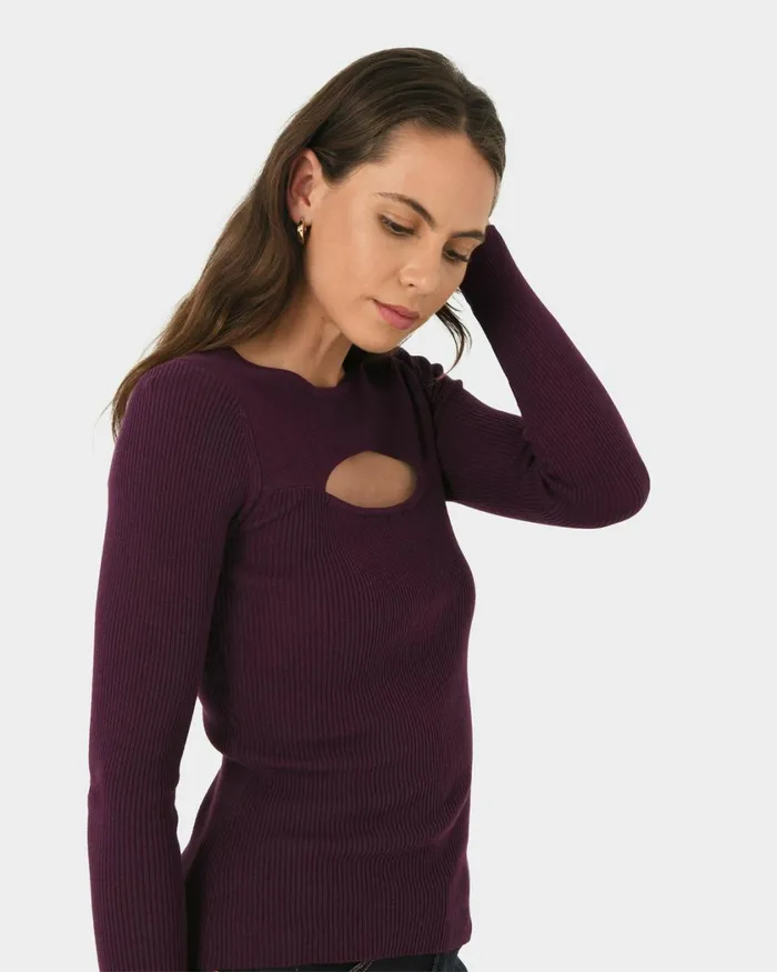 Forcast Maryam Cut Out Knit Top Purple Women TShirts and Tops