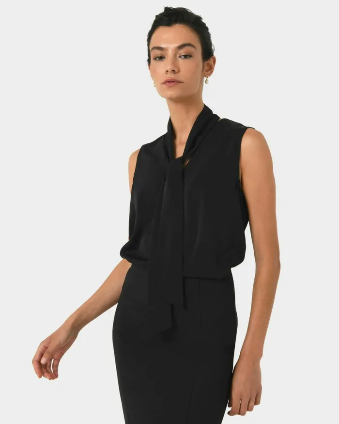 Forcast Mattie Detachable Bow Neck Top Black Women TShirts and Tops
