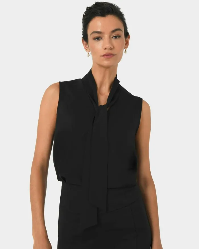 Forcast Mattie Detachable Bow Neck Top Black Women TShirts and Tops