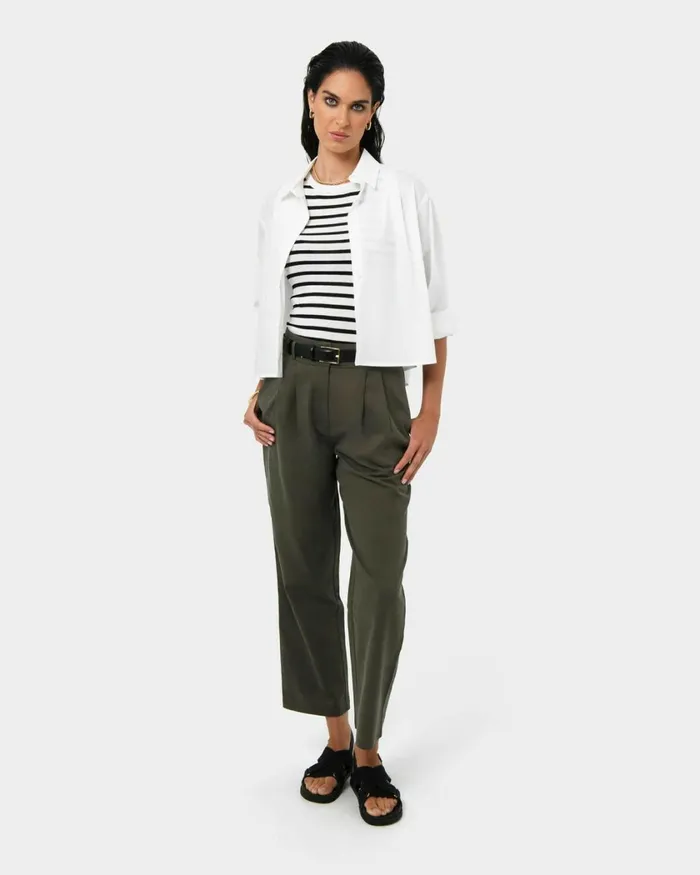 Forcast Mazzy Cotton Belted Trousers Oliveblack Women HighWaisted Pants