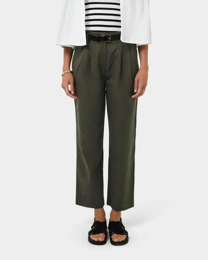 Forcast Mazzy Cotton Belted Trousers Oliveblack Women HighWaisted Pants