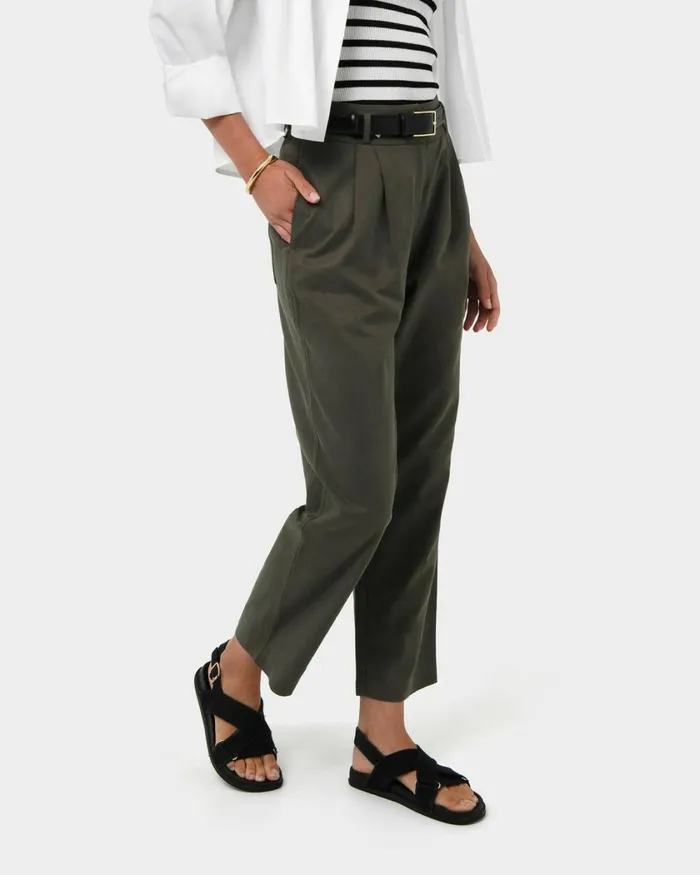 Forcast Mazzy Cotton Belted Trousers Oliveblack Women HighWaisted Pants