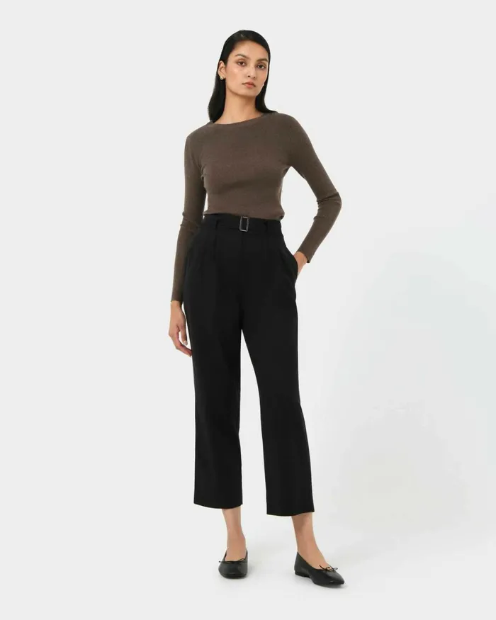 Forcast Mazzy Cotton Belted Trousers Oliveblack Women HighWaisted Pants