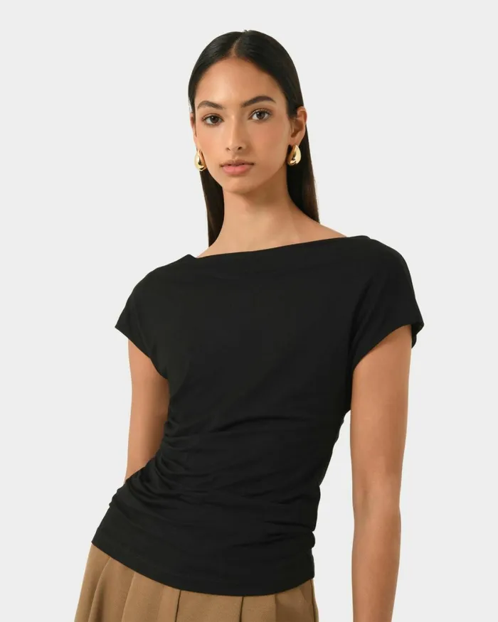 Forcast Mia Off Shoulder Jersey Top Chocolateivoryblack Women TShirts and Tops Forcast Mia Off Shoulder Jersey Top Chocolateivoryblack Women TShirts and Tops