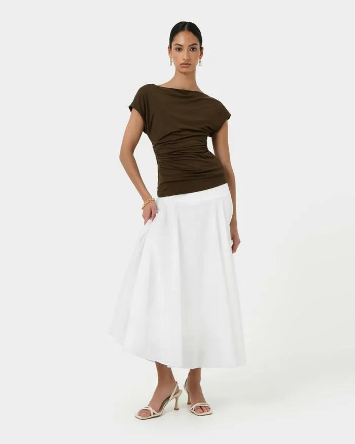 Forcast Mia Off Shoulder Jersey Top Chocolateivoryblack Women TShirts and Tops