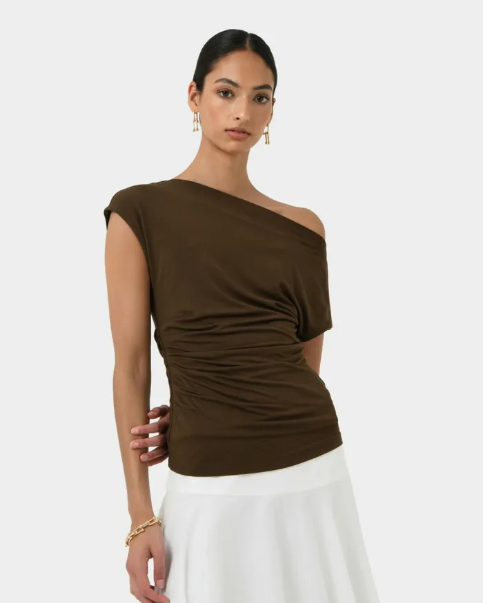 Forcast Mia Off Shoulder Jersey Top Chocolateivoryblack Women TShirts and Tops
