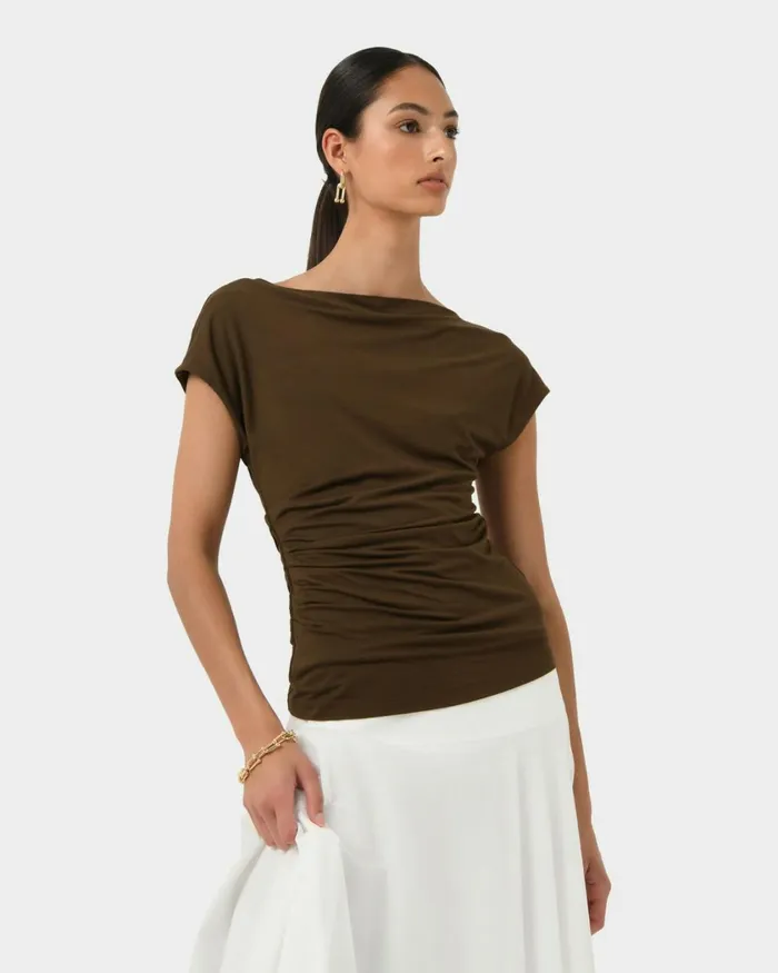 Forcast Mia Off Shoulder Jersey Top Chocolateivoryblack Women TShirts and Tops