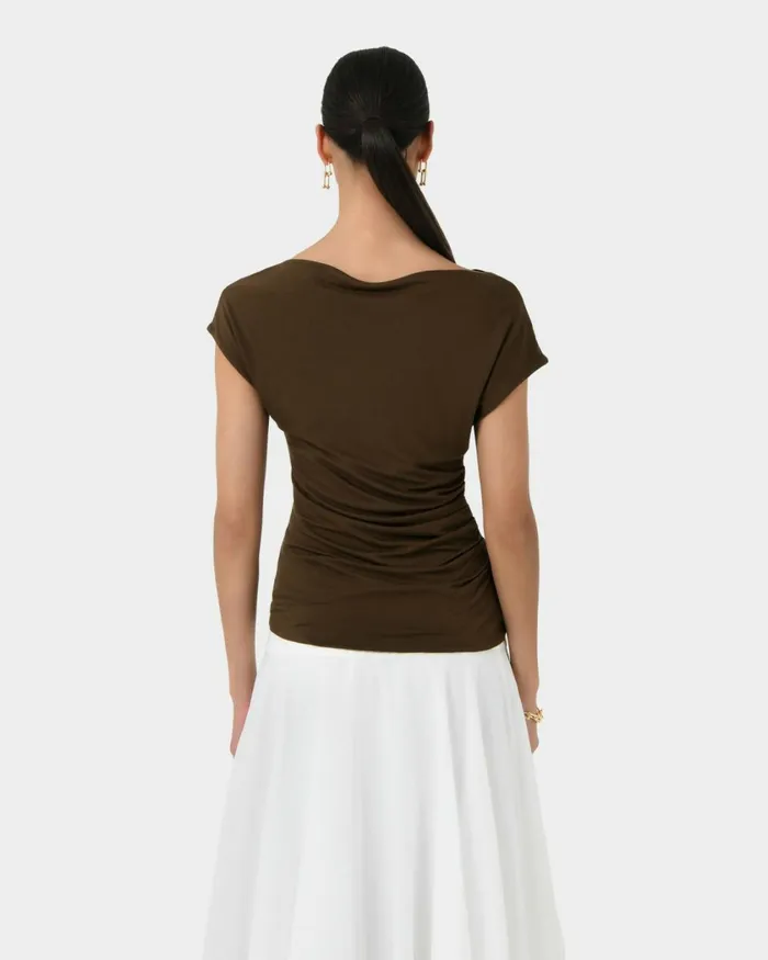 Forcast Mia Off Shoulder Jersey Top Chocolateivoryblack Women TShirts and Tops