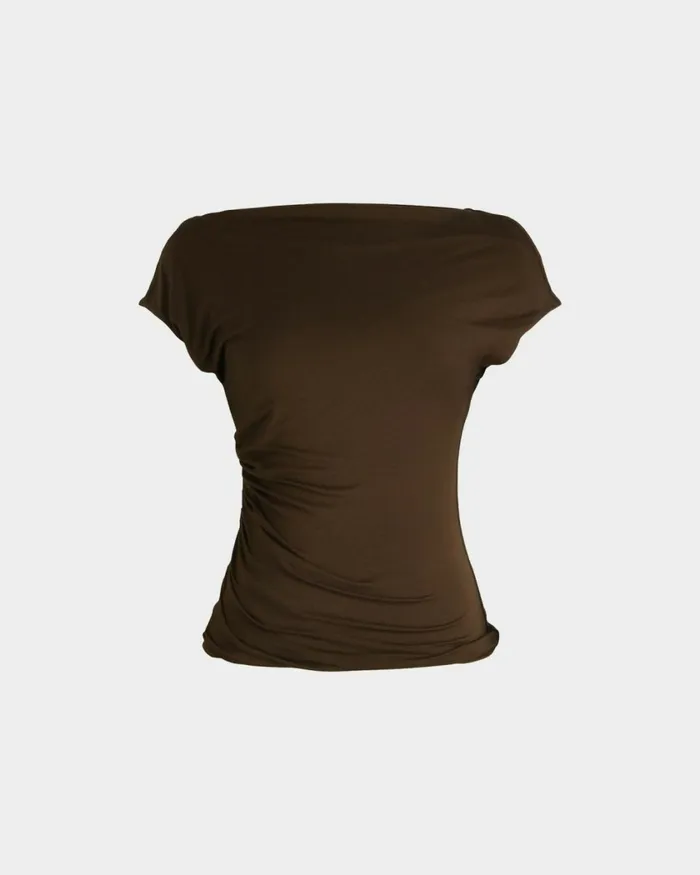 Forcast Mia Off Shoulder Jersey Top Chocolateivoryblack Women TShirts and Tops