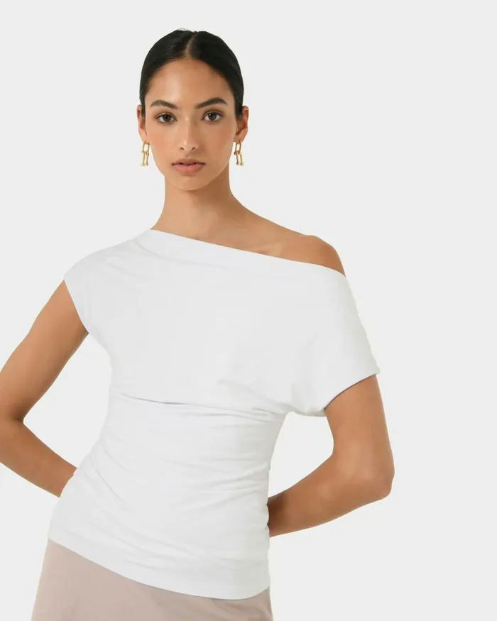 Forcast Mia Off Shoulder Jersey Top Chocolateivoryblack Women TShirts and Tops