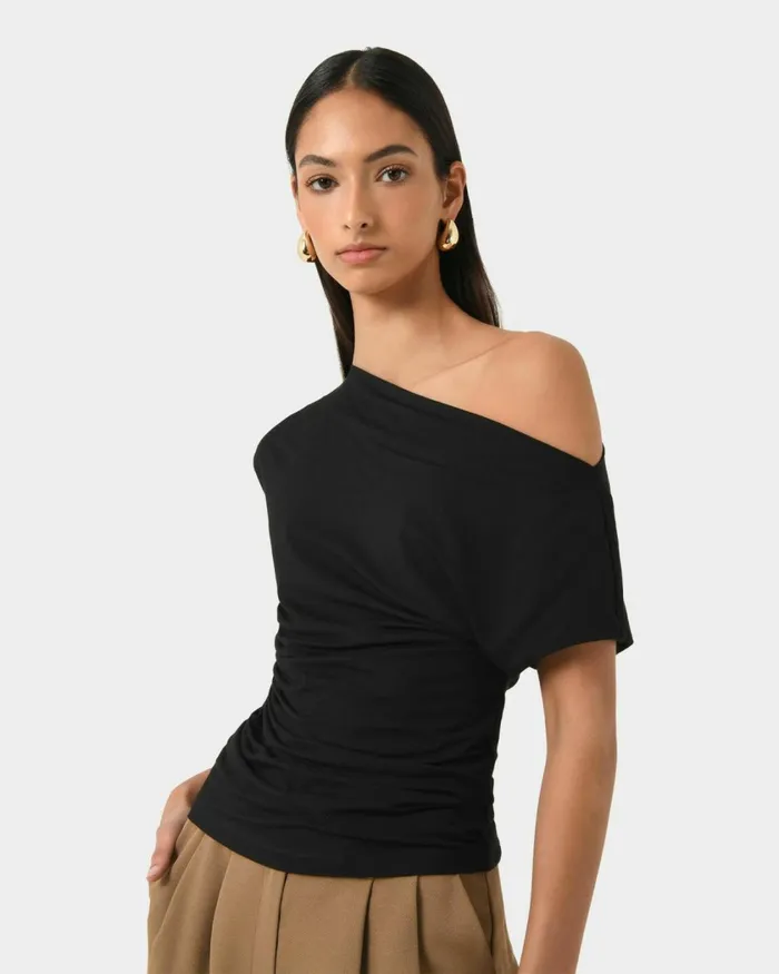 Forcast Mia Off Shoulder Jersey Top Chocolateivoryblack Women TShirts and Tops