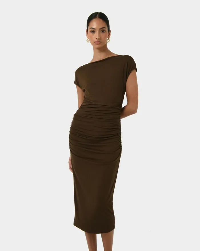 Forcast Mia Ruched Jersey Dress Chocolateblack Women Midi Dresses