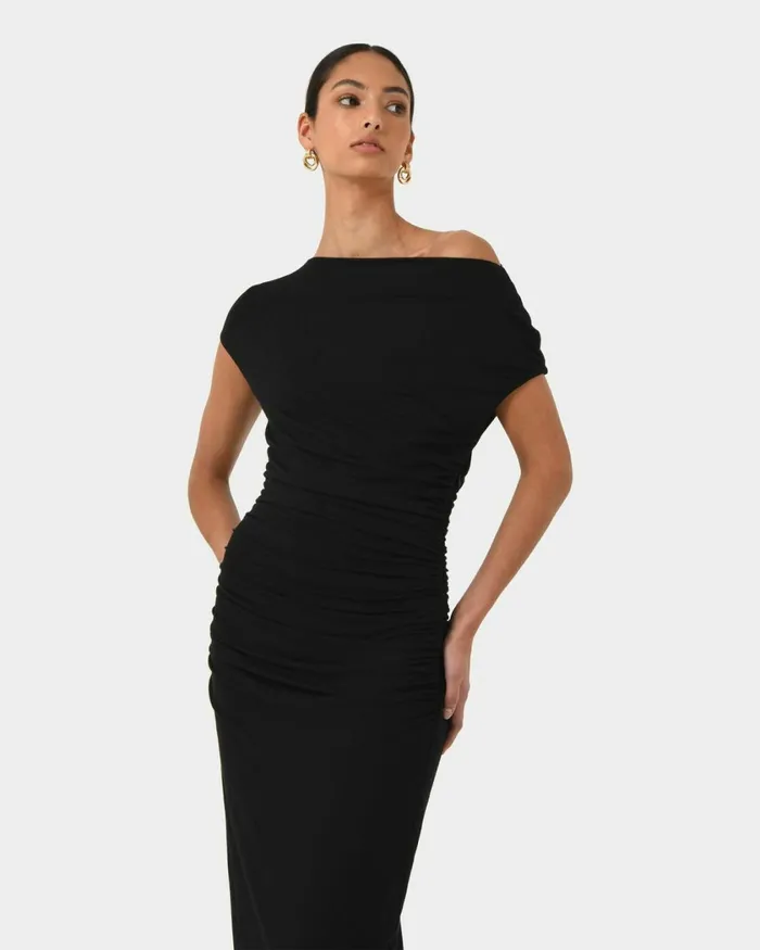 Forcast Mia Ruched Jersey Dress Chocolateblack Women Midi Dresses