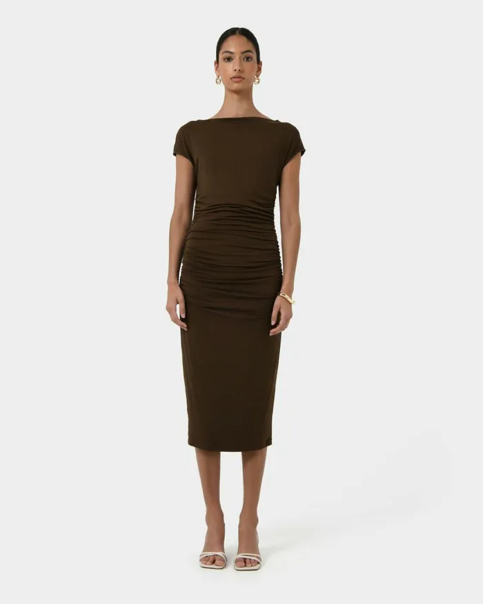 Forcast Mia Ruched Jersey Dress Chocolateblack Women Midi Dresses