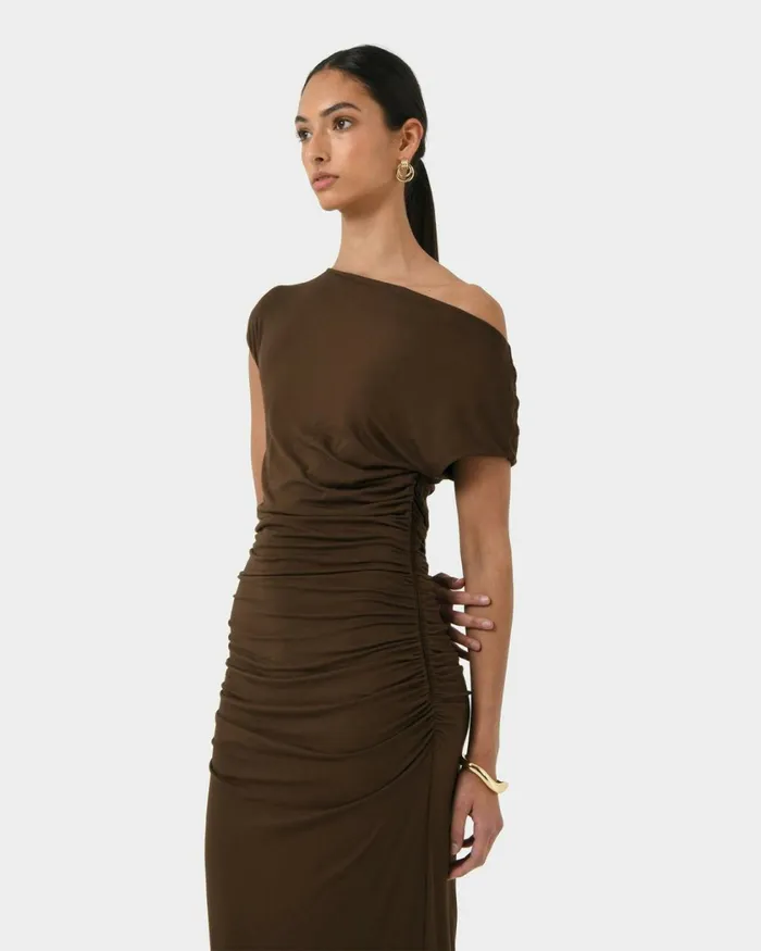 Forcast Mia Ruched Jersey Dress Chocolateblack Women Midi Dresses
