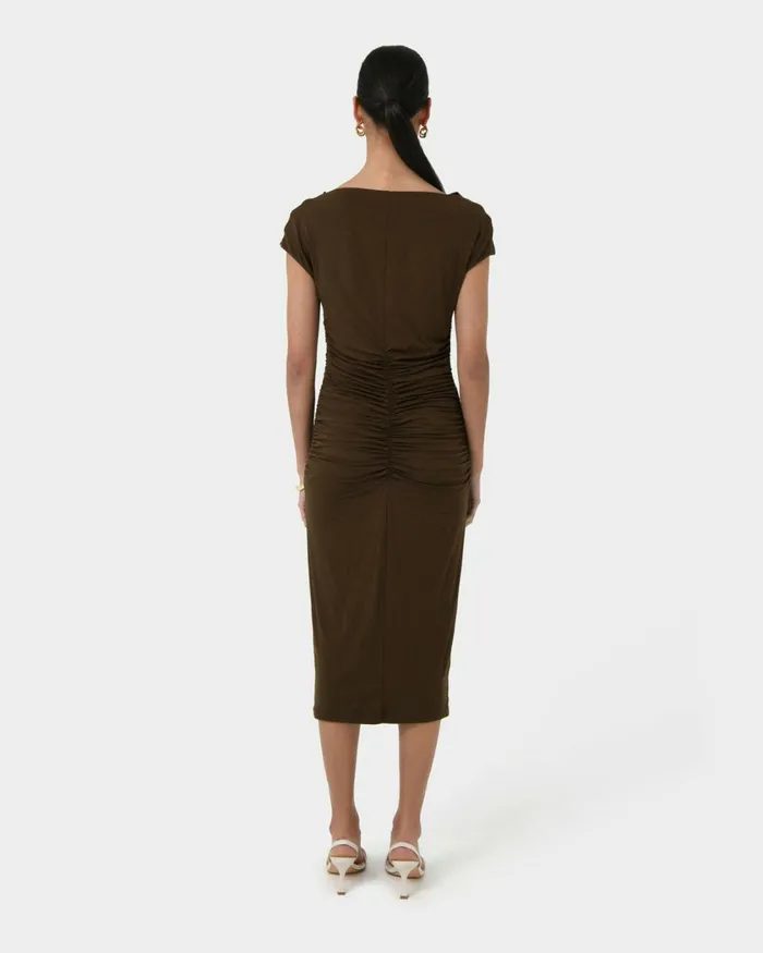 Forcast Mia Ruched Jersey Dress Chocolateblack Women Midi Dresses