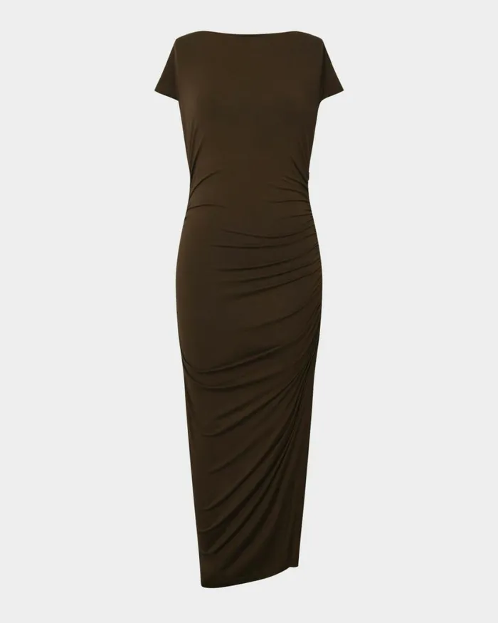 Forcast Mia Ruched Jersey Dress Chocolateblack Women Midi Dresses