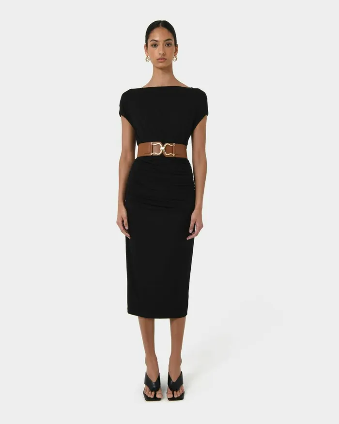 Forcast Mia Ruched Jersey Dress Chocolateblack Women Midi Dresses