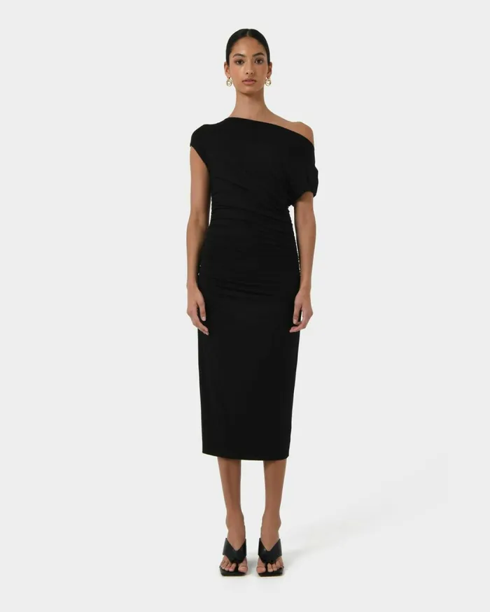 Forcast Mia Ruched Jersey Dress Chocolateblack Women Midi Dresses