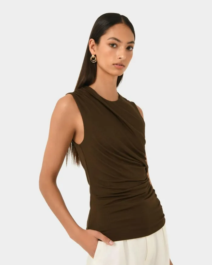 Forcast Mia Ruched Jersey Top Chocolateivoryblack Women TShirts and Tops