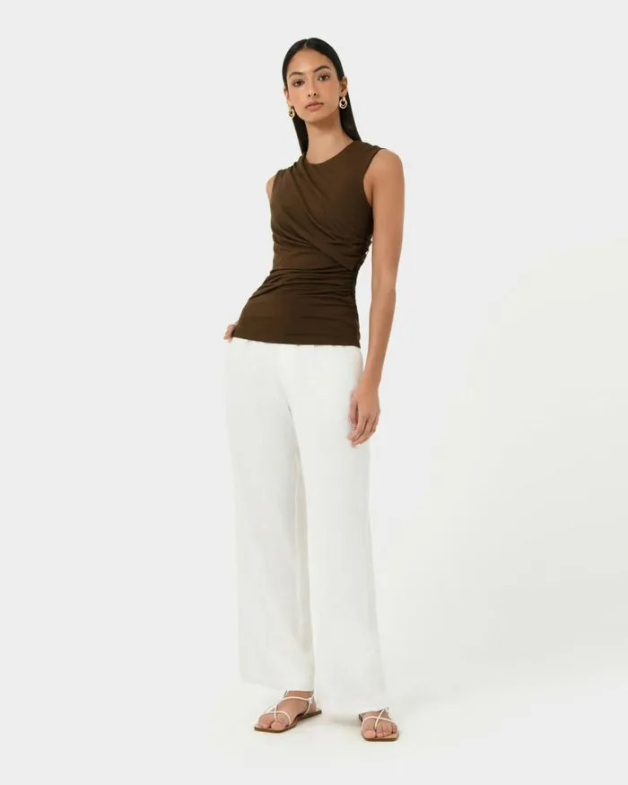 Forcast Mia Ruched Jersey Top Chocolateivoryblack Women TShirts and Tops