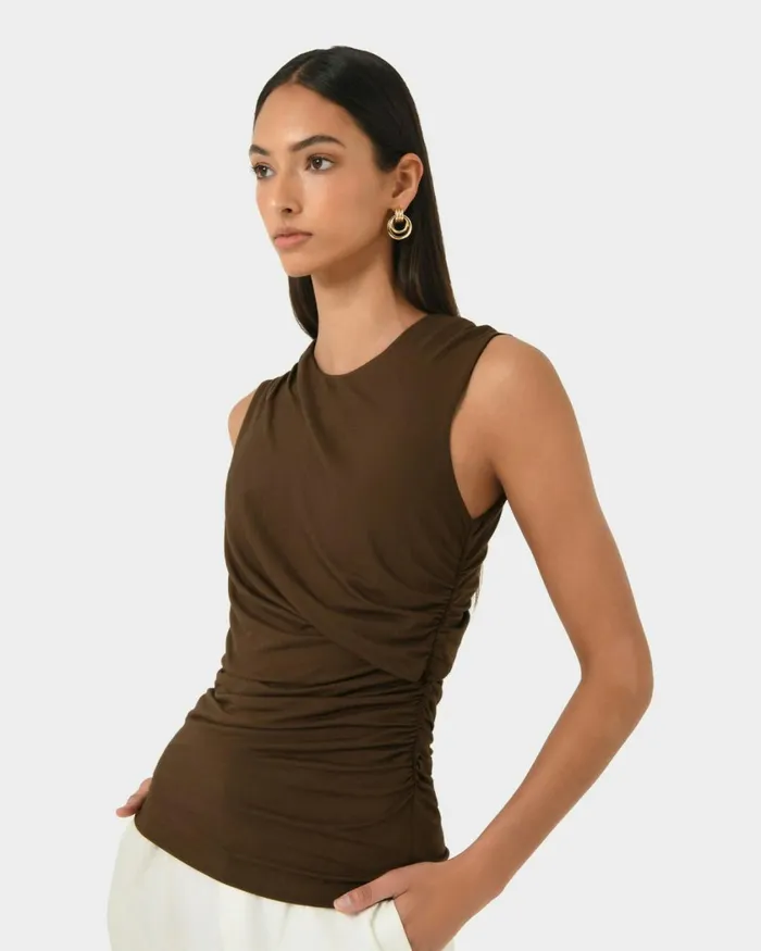 Forcast Mia Ruched Jersey Top Chocolateivoryblack Women TShirts and Tops
