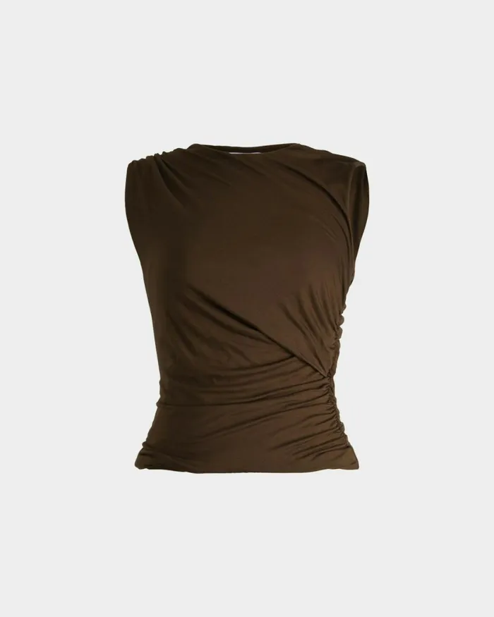 Forcast Mia Ruched Jersey Top Chocolateivoryblack Women TShirts and Tops