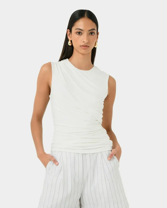 Forcast Mia Ruched Jersey Top Chocolateivoryblack Women TShirts and Tops