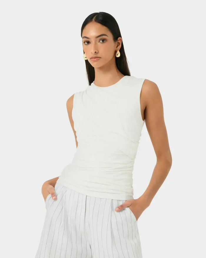 Forcast Mia Ruched Jersey Top Chocolateivoryblack Women TShirts and Tops