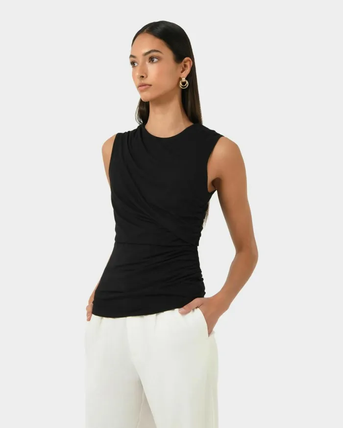 Forcast Mia Ruched Jersey Top Chocolateivoryblack Women TShirts and Tops
