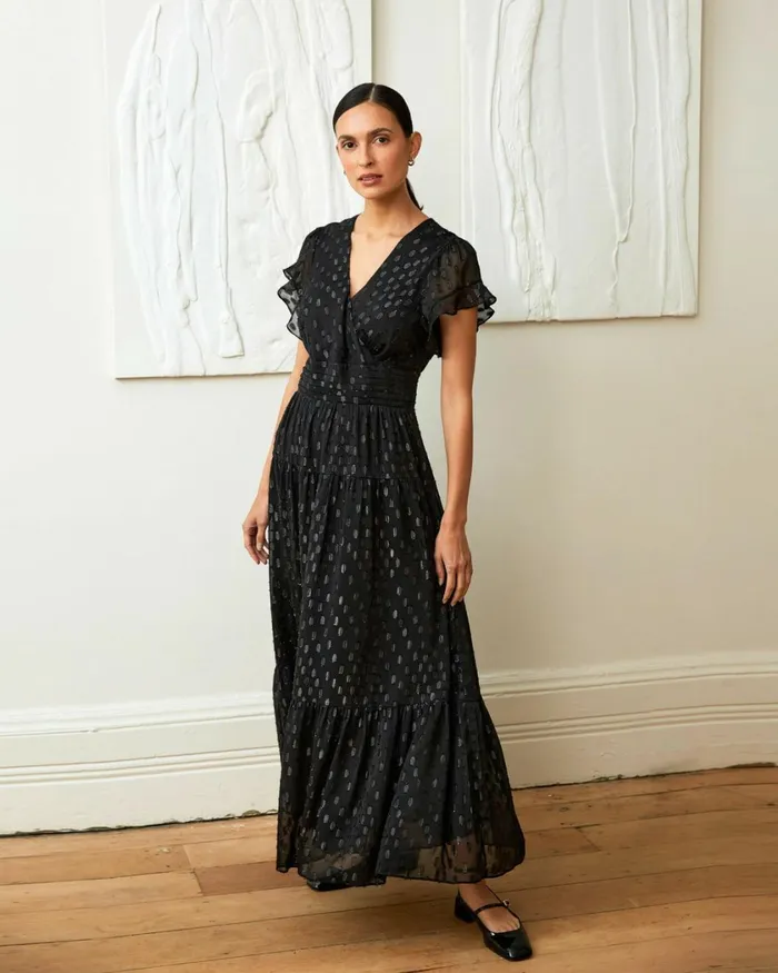 Forcast Minda Glitter Maxi Dress Black Women Maxi Dresses