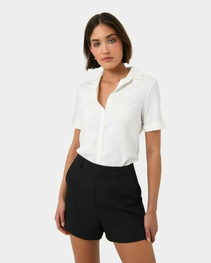 Forcast Morgan Cuff Short Sleeve Ivoryblack Women TShirts and Tops