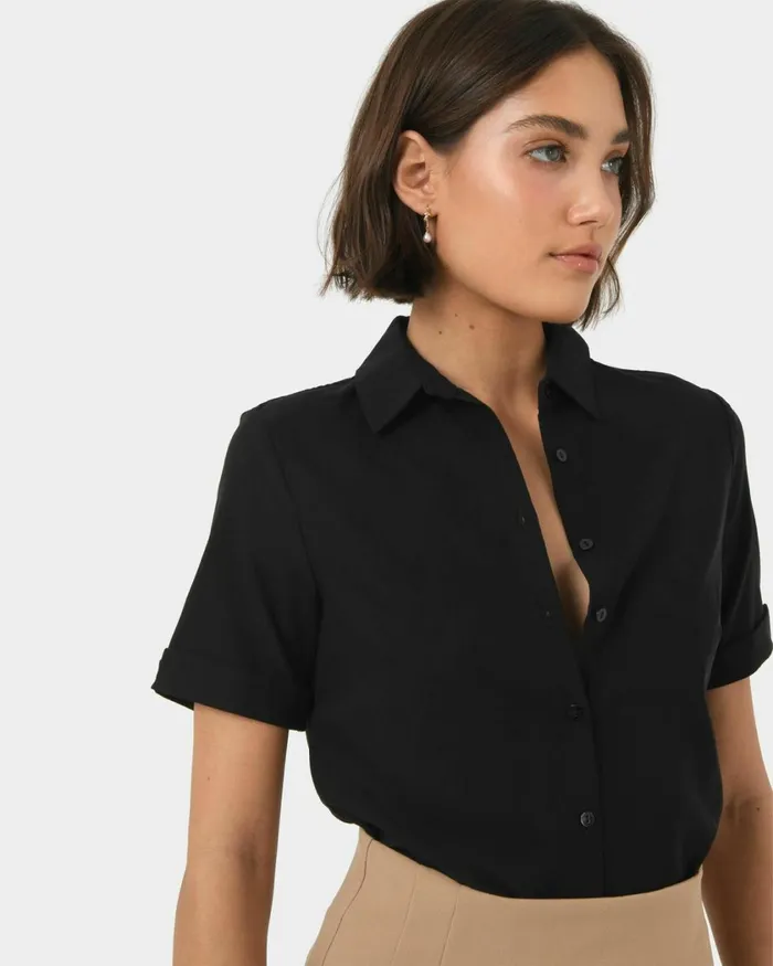 Forcast Morgan Cuff Short Sleeve Ivoryblack Women TShirts and Tops