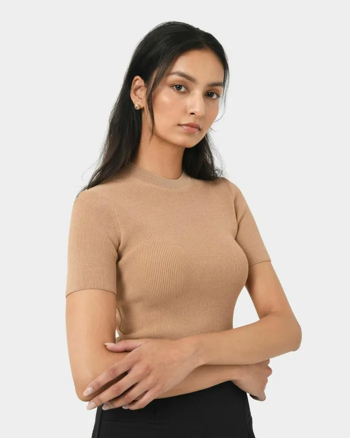 Forcast Murphy Crop Knit Top Camelivoryblack Women TShirts and Tops