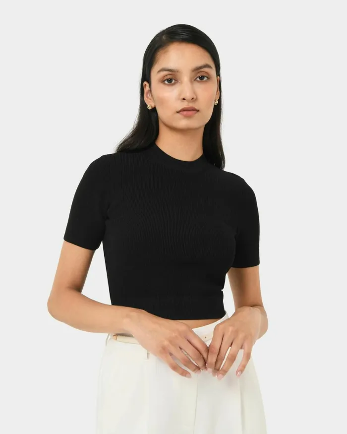 Forcast Murphy Crop Knit Top Camelivoryblack Women TShirts and Tops