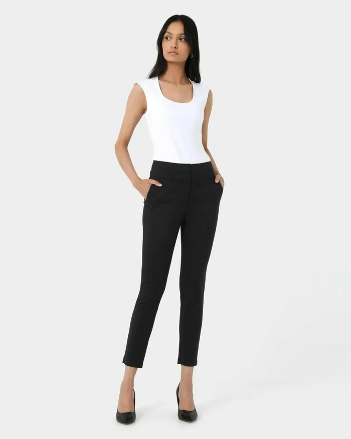 Forcast Myah Double Waistband Pants Black Women Slim Leg Pants