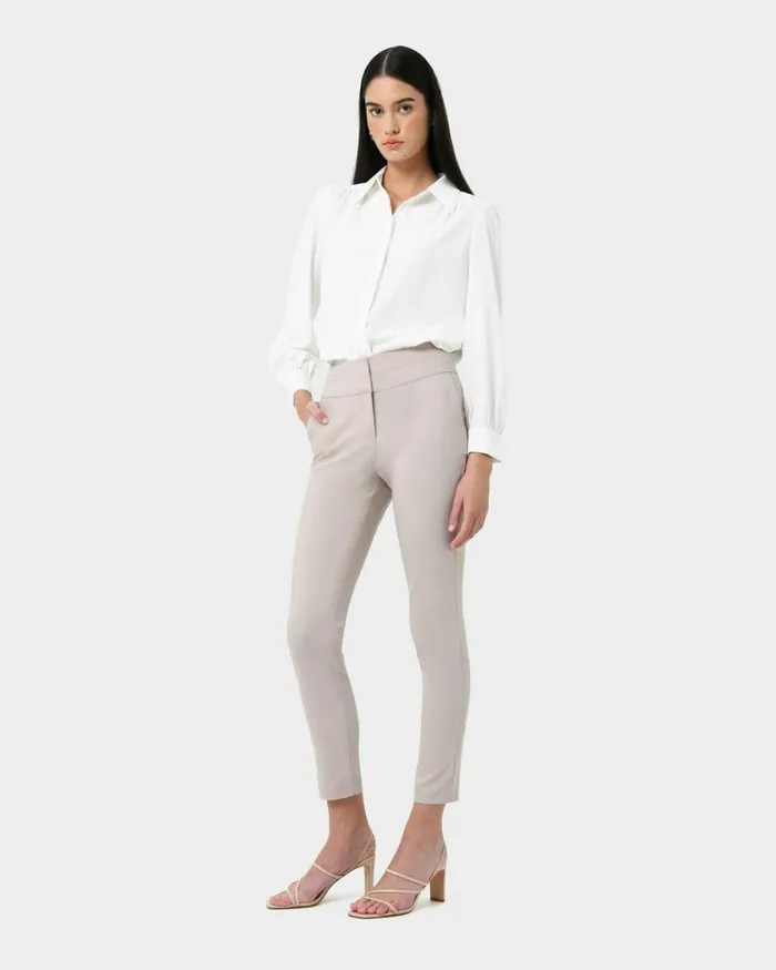 Forcast Myah Double Waistband Pants Light Grey Women Slim Leg Pants