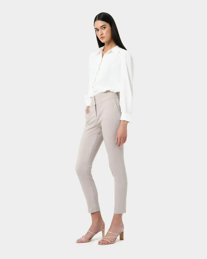 Forcast Myah Double Waistband Pants Light Grey Women Slim Leg Pants