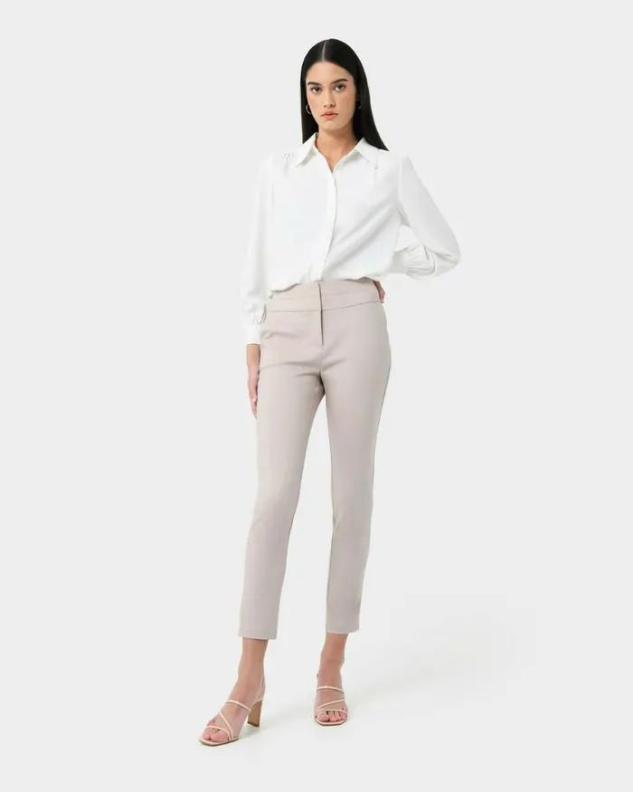 Forcast Myah Double Waistband Pants Light Grey Women Slim Leg Pants