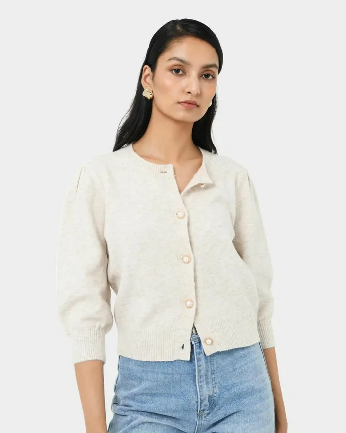 Forcast Nia Button Cardigan Almonddusty Blue Women Long Sleeve Tops