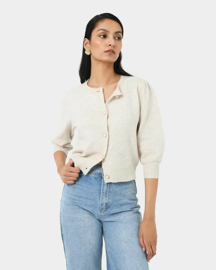 Forcast Nia Button Cardigan Almonddusty Blue Women Long Sleeve Tops