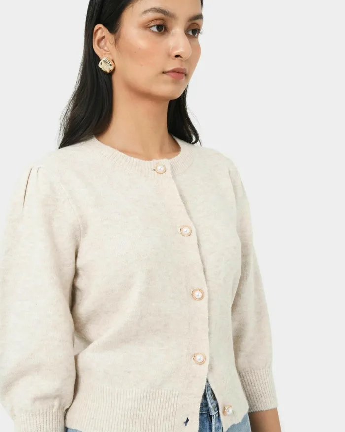 Forcast Nia Button Cardigan Almonddusty Blue Women Long Sleeve Tops