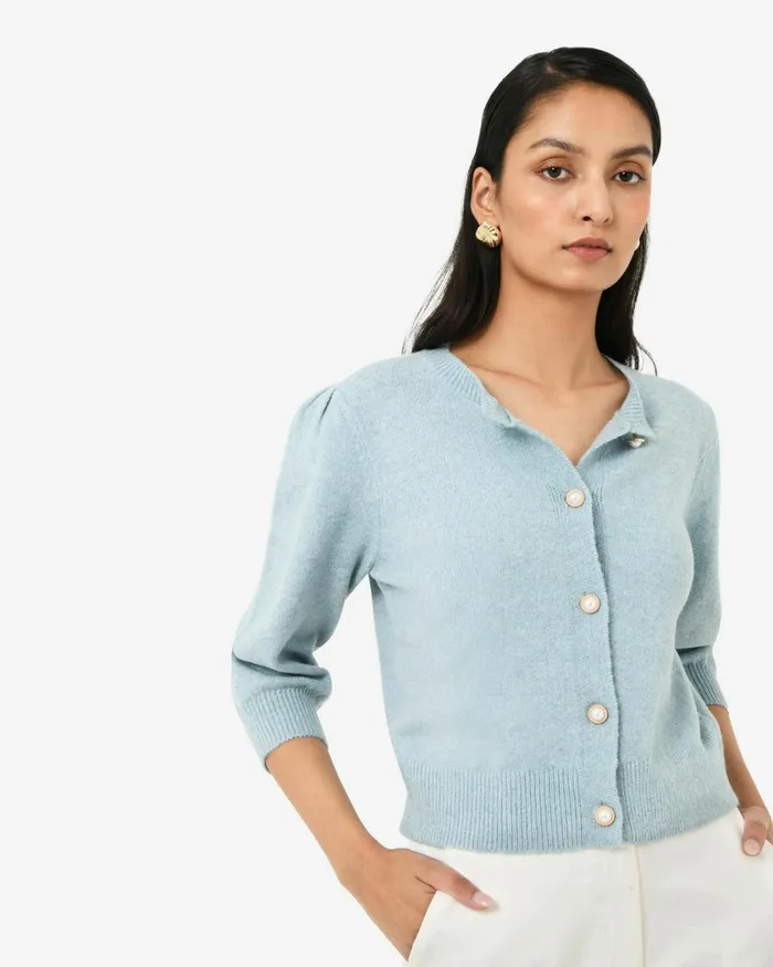 Forcast Nia Button Cardigan Almonddusty Blue Women Long Sleeve Tops