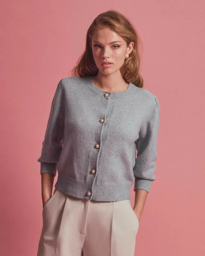 Forcast Nia Button Cardigan Almonddusty Blue Women Long Sleeve Tops