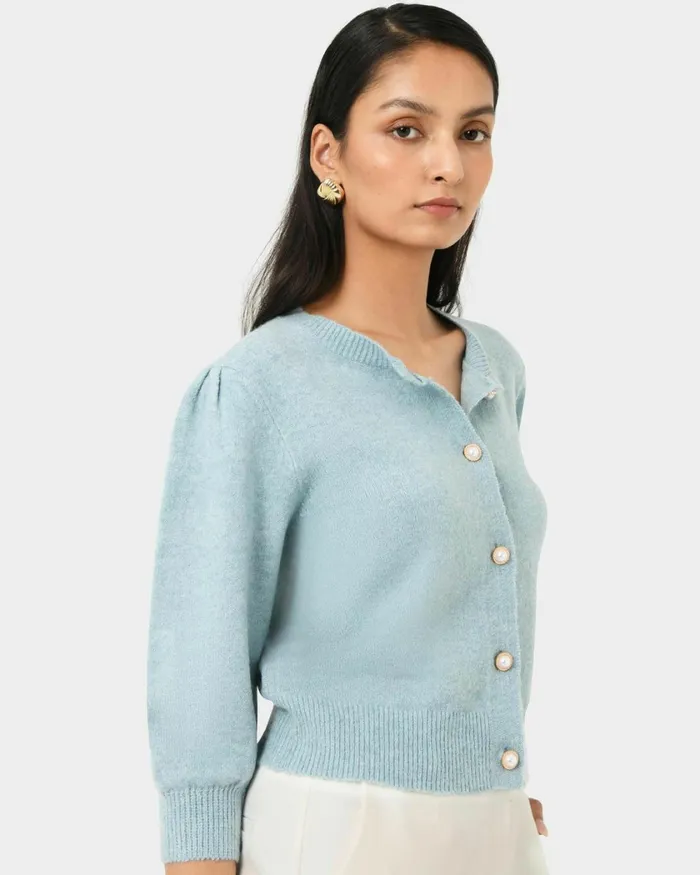 Forcast Nia Button Cardigan Almonddusty Blue Women Long Sleeve Tops