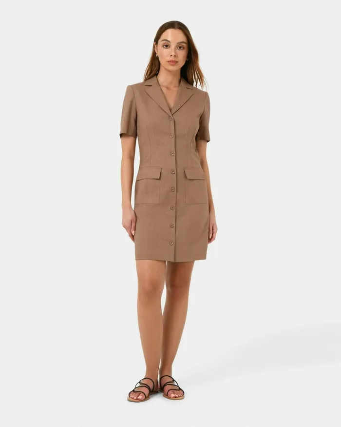 Forcast Nia Button Linen Dress Biscuitblack Women Mini Dresses