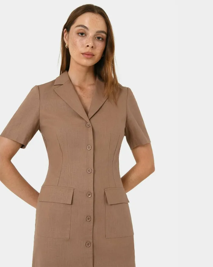 Forcast Nia Button Linen Dress Biscuitblack Women Mini Dresses