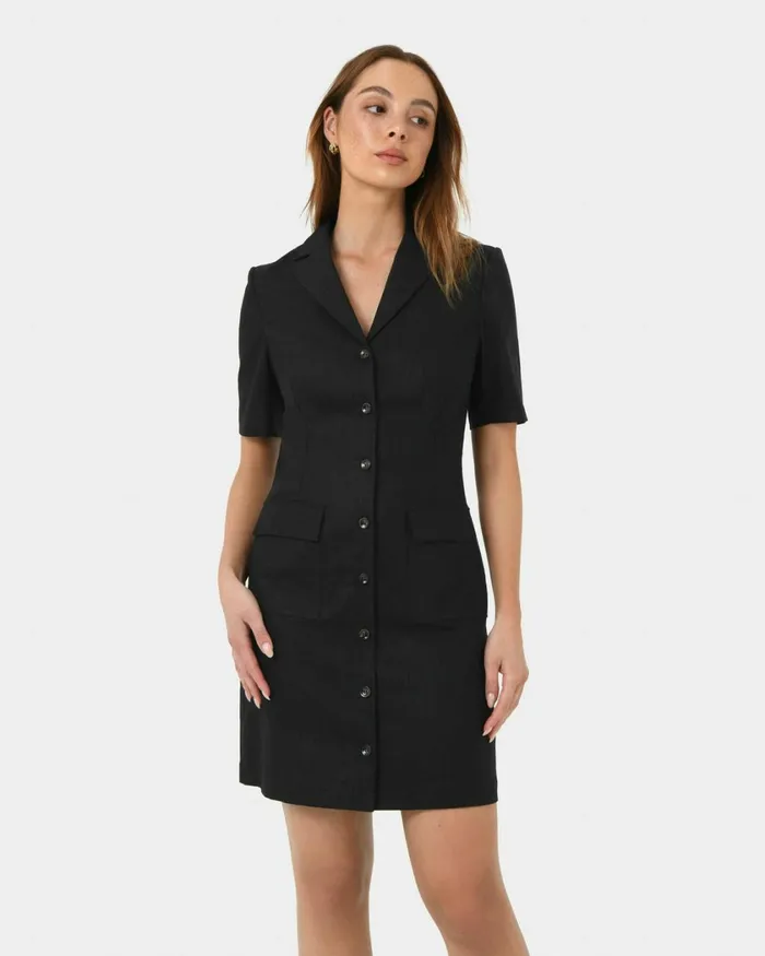 Forcast Nia Button Linen Dress Biscuitblack Women Mini Dresses