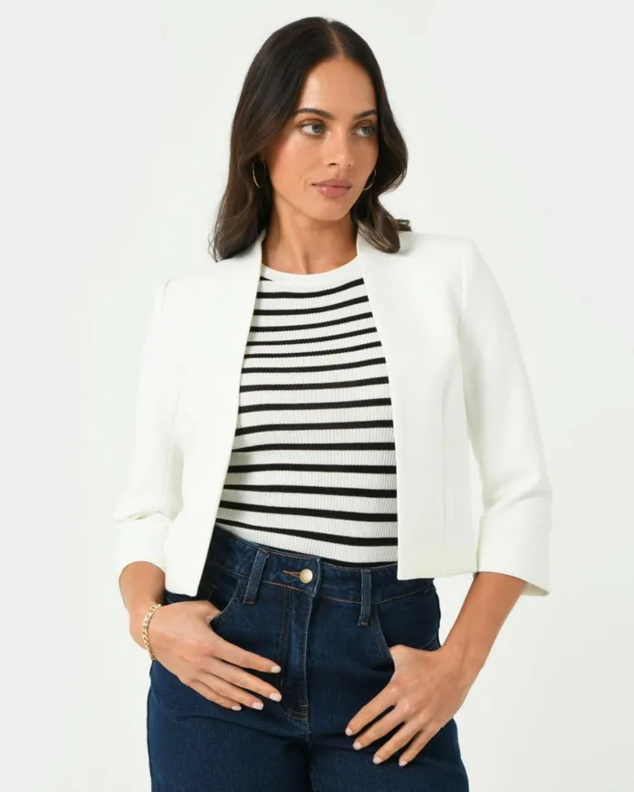 Forcast Nikki Collarless Crop Jacket Ivoryblack Women Jackets and Blazers