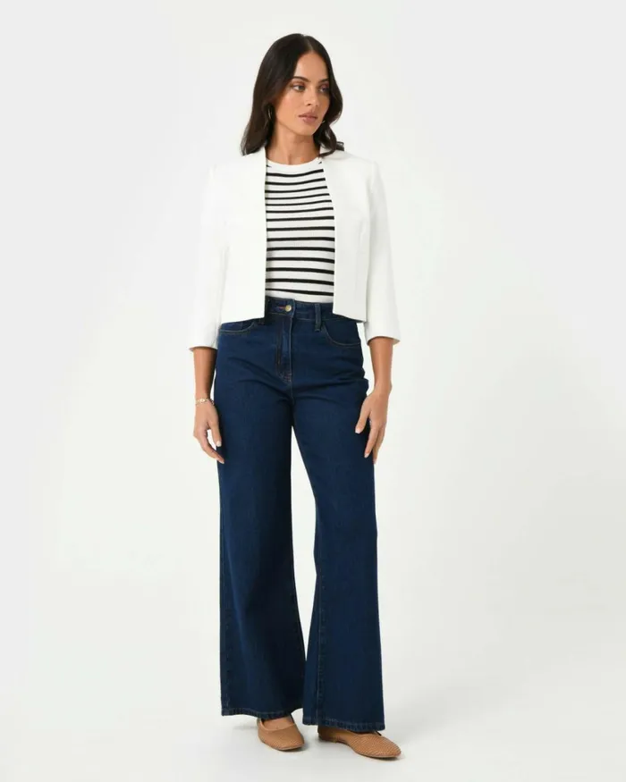 Forcast Nikki Collarless Crop Jacket Ivoryblack Women Jackets and Blazers